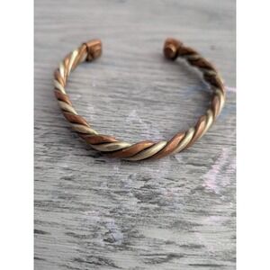 Mixed Metal Magnetic Therapy Cuff Bracelet Twisted Copper Silver Tone Bangle